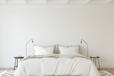 Minimalist yatak odası. İç modelleme. 3d hazırlayıcı.