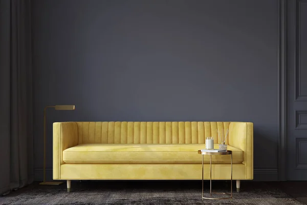 現代のリビングルームのインテリア 内部モックアップ 空の濃い灰色の壁の近くの黄色のソファ 3Dレンダリング — ストック写真