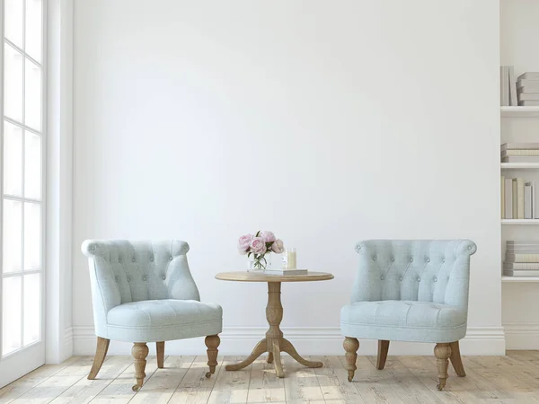 Romantyczny Salon Niebieskimi Fotelami Wewnętrzna Makieta Renderowanie — Zdjęcie stockowe