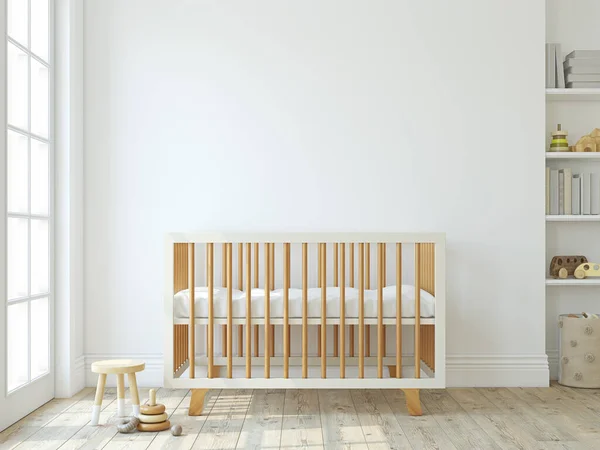 Scandinavian nursery. The wooden crib near empty white wall. Interior mock-up. 3d rendering.