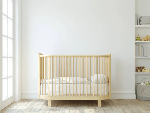 Scandinavian Nursery Wooden Crib Empty White Wall Interior Mock Rendering — Stock Photo, Image