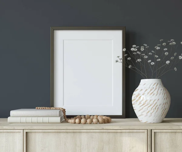 Frame Mockup Interieur Met Het Zwarte Verticale Frame Bij Donkerblauwe — Stockfoto