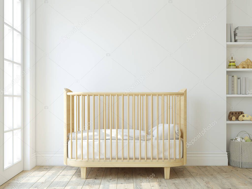 Scandinavian nursery. The wooden crib near empty white wall. Interior mock-up. 3d rendering.
