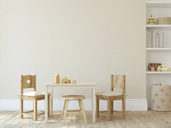 Speelkamer Met Kindertafel Stoelen Buurt Van Lege Muur Interieur Model — Stockfoto