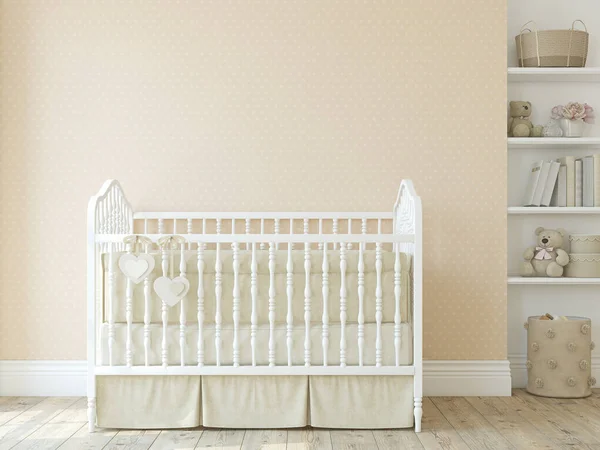 Classical Nursery Girl White Crib Blank Wall Interior Mock Rendering — Stock Photo, Image