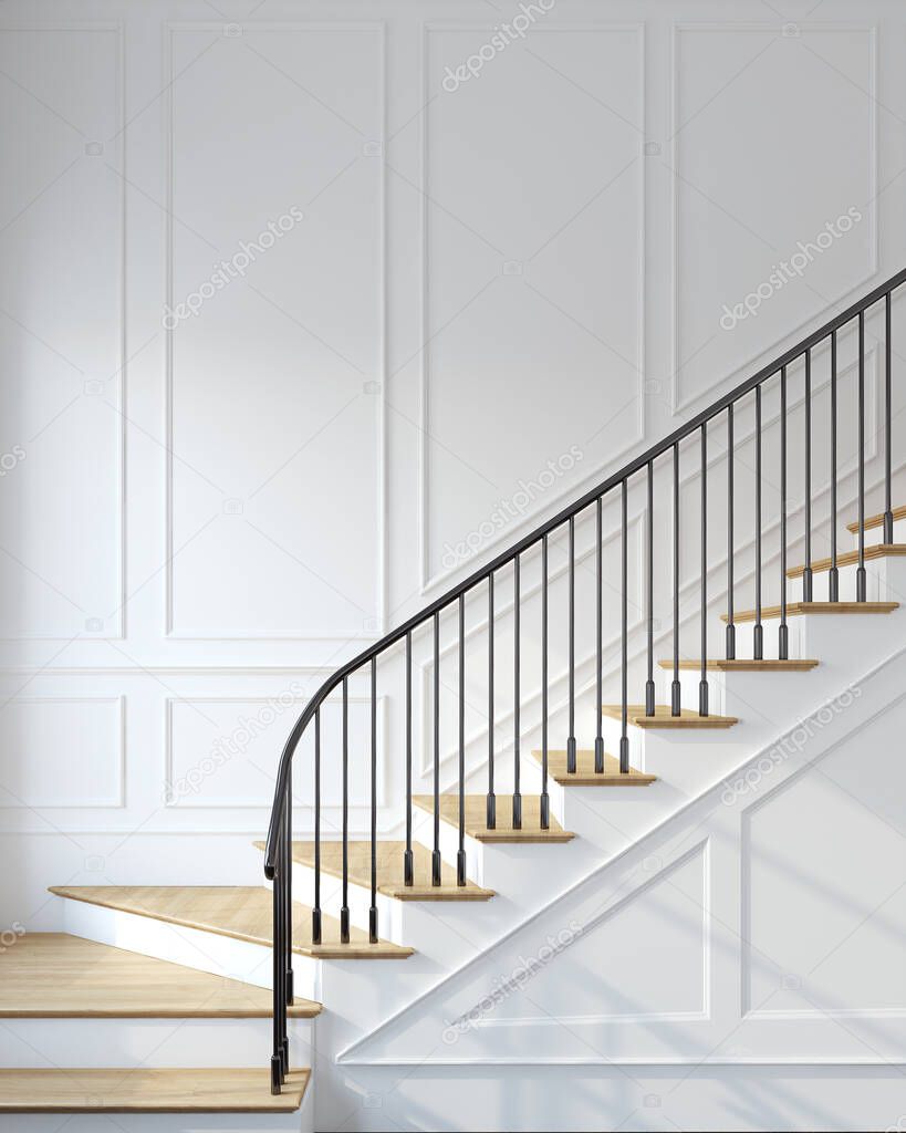 Interior of hallway with woodeen stairway. Wall mockup. 3d render.