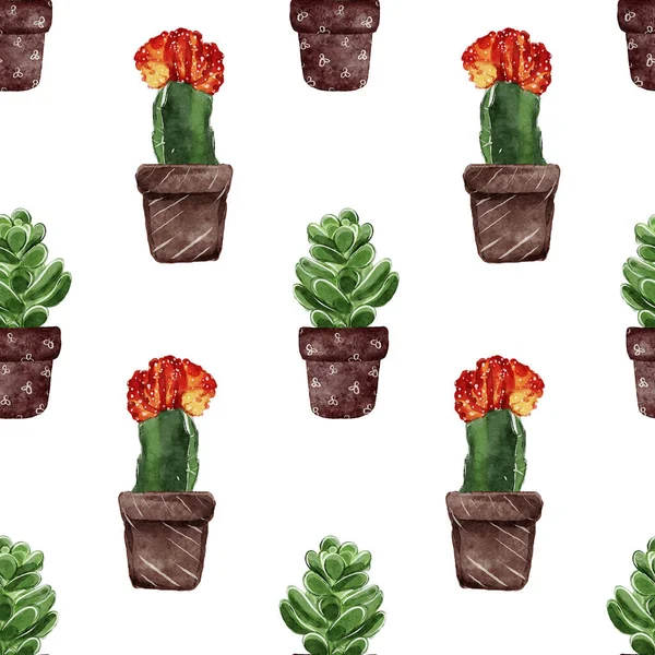 Sömlös Akvarell Mönster Med Kaktus Keramiska Potten — Stockfoto