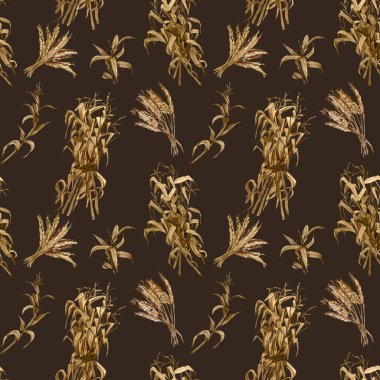 Seamless Watercolor Hand Drawn Ripe Wheat Spikes Cereal Pattern