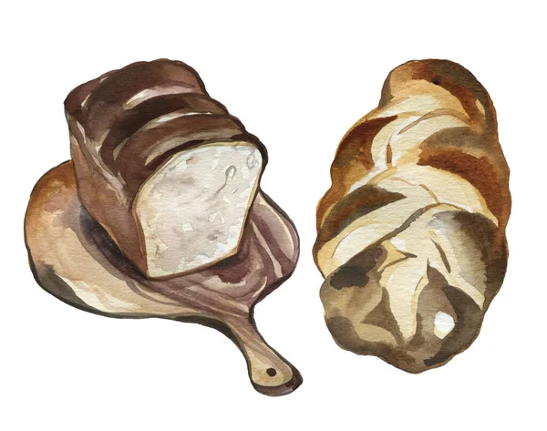 Акварель Ручной Работы Французский Хлеб Loafs Багет Набор Иллюстрации — стоковое фото