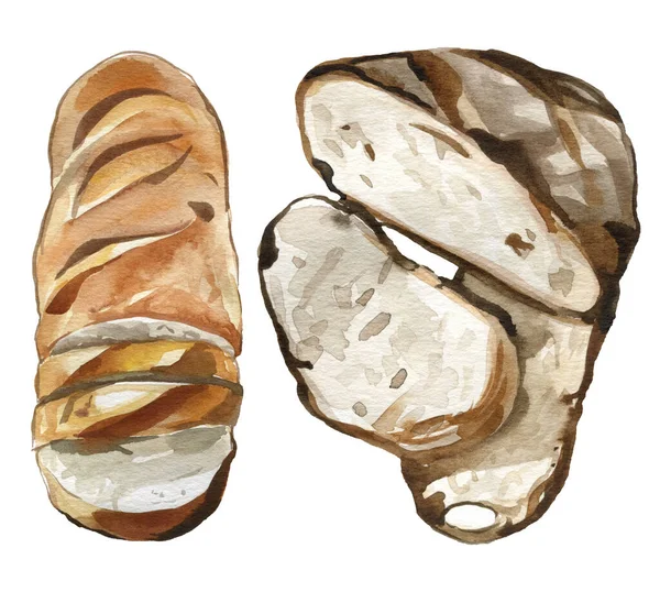 Watercolor Hand Drawn French Bread Loafs Baguette Set Illustration —  Fotos de Stock