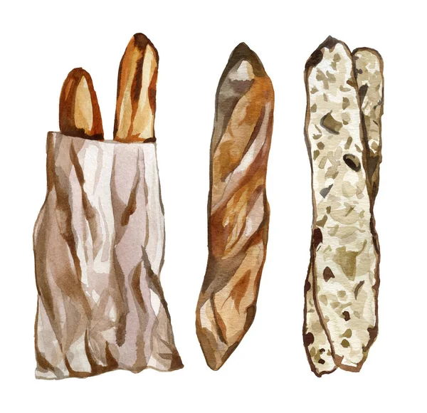 Watercolor Hand Drawn French Bread Loafs Baguette Set Illustration —  Fotos de Stock