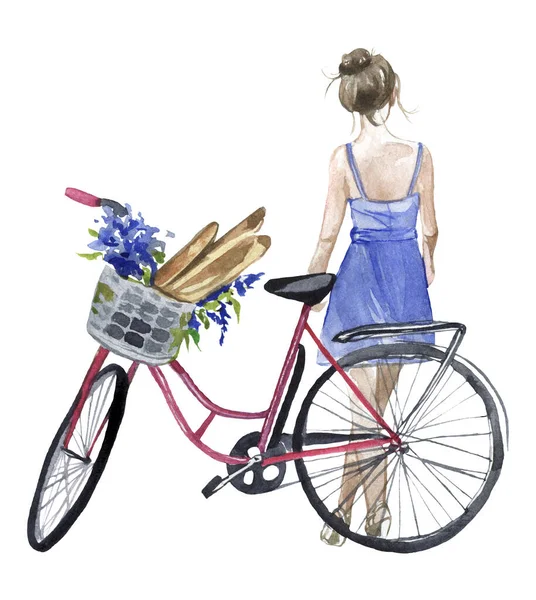 Watercolor Hand Drawn Girl Summer Dress Red Bicycle Baguette Illustration — Stock Fotó