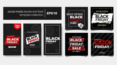 Soyut Modern Kara Cuma seti sosyal medya post şablon afiş koleksiyonu satışı. İş terfisi için en iyisi. vektör illüstrasyonu