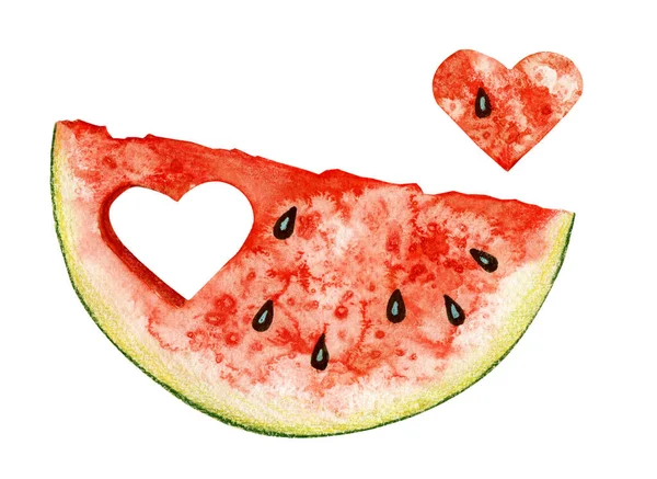 Watercolor Slice Watermelon Cut Heart White Background — Stockfoto