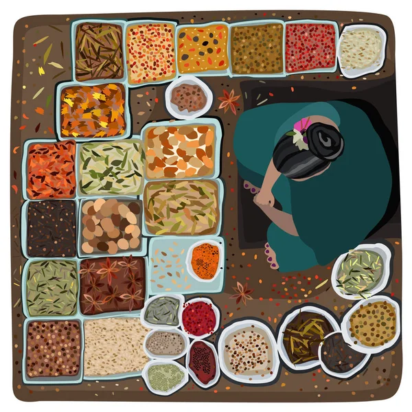 Bir kadının vektör illüstrasyonu, baharat tüccarı, baharat dükkanı manzarası. Doğu pazarı.