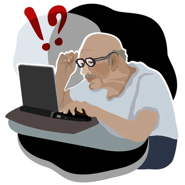Vektör, hevesli yaşlı bir adamın dizüstü bilgisayarla çizimini izole etti.