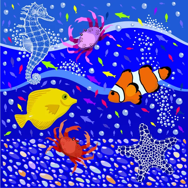 装飾魚 シーホース ヒトデ 石や泡とベクトルシームレスな海洋パターン カラフルな水中コンセプト — ストックベクタ