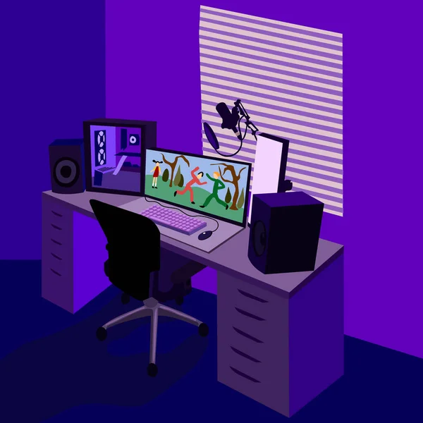Spielzimmer Videospielstation Desktop Mit Gamer Ausstattung Raum Des Videospielstreamers Vektor Stockillustration