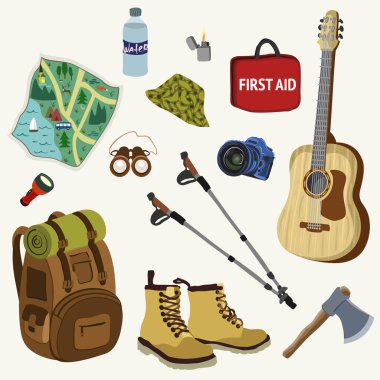 Yürüyüş ve kamp için vektör paketi: seyahat haritası, su, panama, çakmak, ilk yardım çantası, gitar, dürbün, el feneri, turist çantası, botlar, balta, kuzey bastonu
