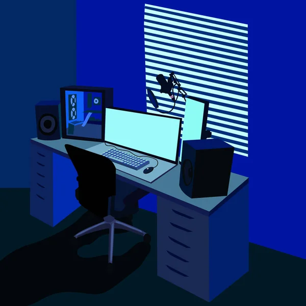 Oyuncuların odası. Video oyun istasyonu. Oyuncuların ekipmanlarıyla dolu bir masa. Video oyunu flaması odası. Vektör düz konsept.