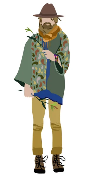 Ilustração Vetorial Isolado Homem Vestido Estilo Boho Carregando Lâminas Grama — Vetor de Stock