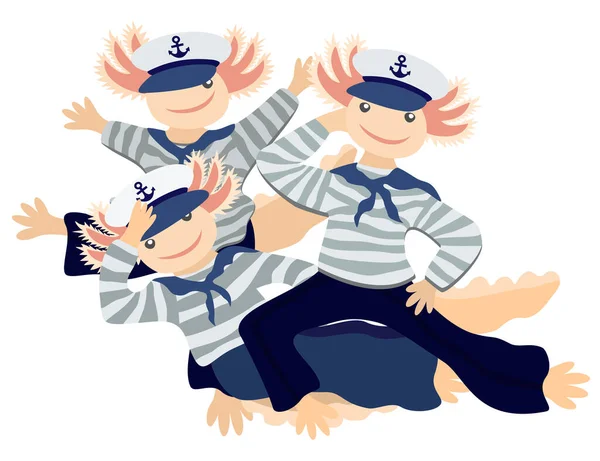 Denizci kıyafetleri içindeki üç axolotl 'un izole edilmiş temsili, dans eden korna dansı..