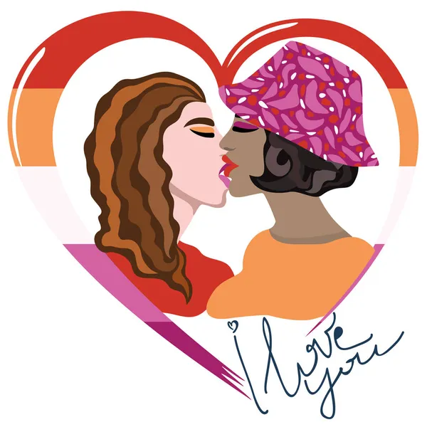 Ben de seni seviyorum. Lezbiyen bayrağı renginde bir kalbe sahip kızları öpmenin izole edilmiş yansıması..