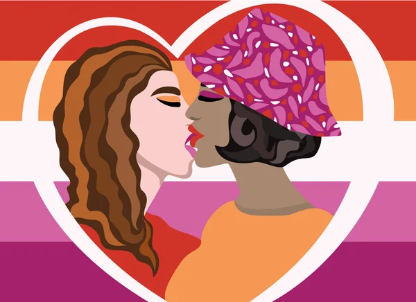 Lezbiyen bayraklı kızları öpmenin vektör çizimi. Lezbiyen çift.
