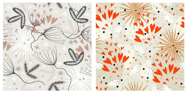 Vektörsüz çiçek desenli koleksiyon. Açık gri arka planda kalpler ve bitkiler. İki kalıp.