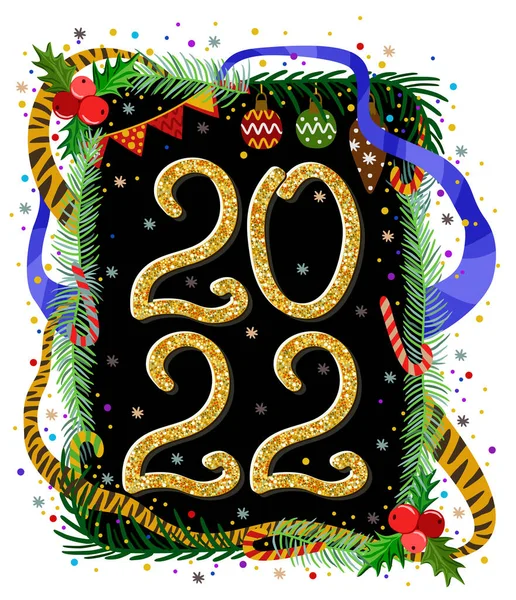 Καλά Χριστούγεννα Και Καλή Χρονιά 2022 Λαμπερό Αριθμοί 2022 Μαύρο — Διανυσματικό Αρχείο