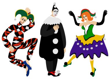 Maskeli komedyenleri. Palyaço, Pierrot, Columbine. Komedyen dell 'arte. İtalyan sokak tiyatrosu.