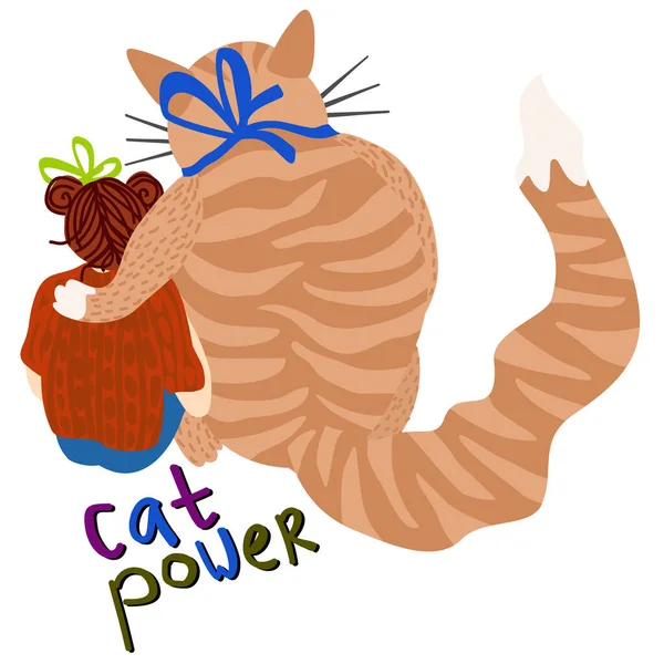 Girl Her Cat Sitting Hugging Lettering Cat Power Concept Friendship — Stock Vector