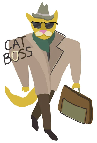 Yellow Serious Cat Suit Black Eye Glasses Fedora Hat Briefcase — Vetor de Stock