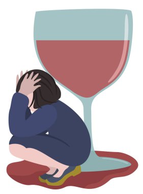 Alkolizm konsepti. Şarap şişeleri ve bardaklar arasındaki kişi. Alkol bağımlılığı, baş ağrısı ve denge kaybı.