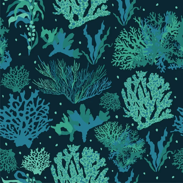 Mercanlar Deniz Yosunlarıyla Kusursuz Soyut Desenler Soğuk Renk Paleti Altı — Stok Vektör