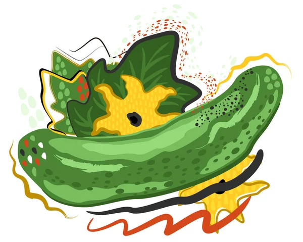 Beyaz arkaplanda yaprakları ve çiçekleri olan salatalıkların parlak vektör çizimi.