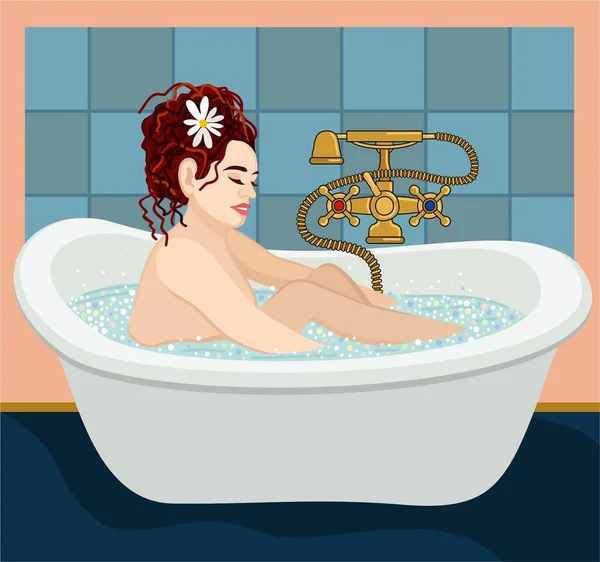 Vektor Illustration Einer Frau Die Sich Einem Badezimmer Entspannt Spa — Stockvektor