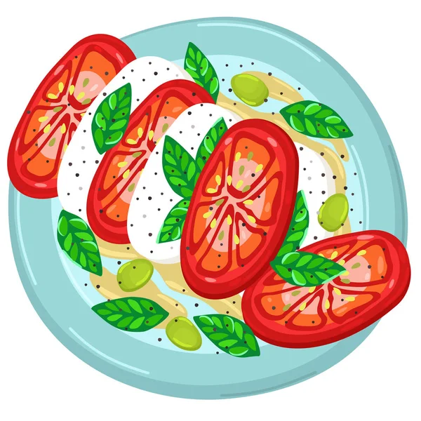 Mavi tabakta İtalyan salatasının izole edilmiş bir temsili. İtalya 'nın geleneksel mutfağı. Domates, mozarella, bazil, zeytin ve biber..