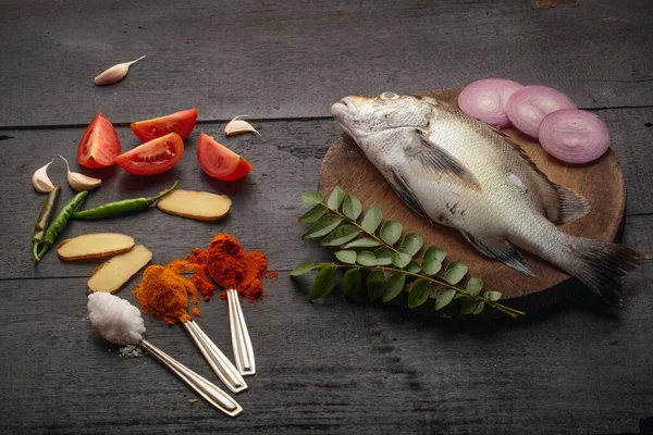 Pescado Crudo Fresco Ingredientes Alimentarios Estilo Tradicional Kerala Cocina Curry — Foto de Stock