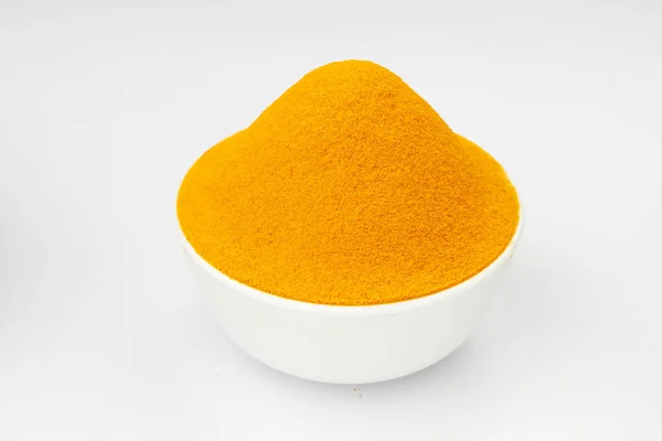 Curcuma Polvere Disposti Una Ciotola Bianca Con Texture Bianca Sfondo — Foto Stock