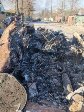 Bucha. Russo-Ukrainian War 2022. Russian military vehicles destroyed by Bayraktar precision strikes.