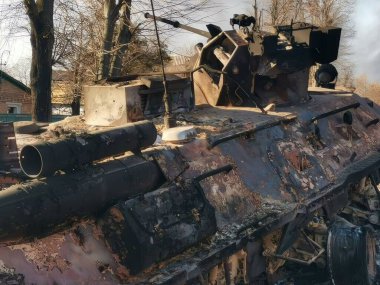 Bucha. Russo-Ukrainian War 2022. Russian military vehicles destroyed by Bayraktar precision strikes.