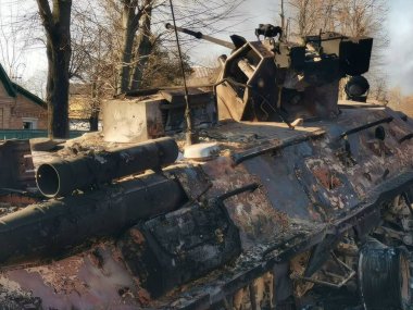 Bucha. Russo-Ukrainian War 2022. Russian military vehicles destroyed by Bayraktar precision strikes.