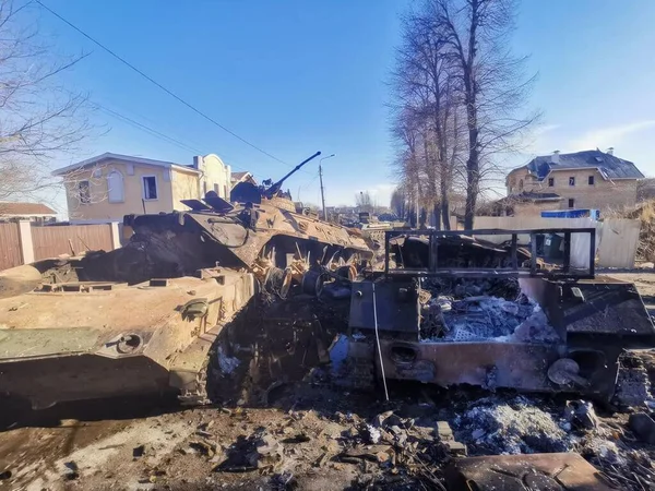 Bucha Russo Ukrainian War 2022 Russian Military Vehicles Destroyed Bayraktar — Zdjęcie stockowe