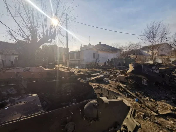 Bucha Russo Ukrainian War 2022 Russian Military Vehicles Destroyed Bayraktar — 图库照片