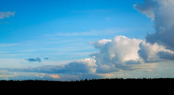 Bulutlu gökyüzü. Mavi gökyüzü ve beyaz bulutlar, geniş bir manzara. Karanlık Orman.