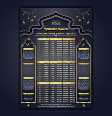 Ramazan Kareem Oruç ve Dua Zaman Rehberi. Ramazan Takvimi Tasarım Şablonu. Ramazan Dua Zamanlama Takvimi. İslam Takvimi ve Sehri İftar Zaman Çizelgesi. Ramazan Kareem Flyer Tasarımı.