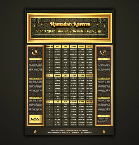 Ramadan Kareem Fasting and Prayer time Guide. Ramadan Calendar Design Template.Ramadan Prayer Timing Calendar. Islamic Calendar and Sehri Iftar time Schedule. Ramadan Kareem Flyer Design.
