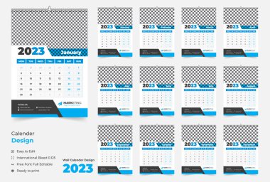 12 page wall calendar 2023, Modern wall calendar design for new year 2023, Abstract wall calendar 2023 template design, Monthly wall calendar 2023,