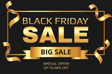 Kara Cuma, indirimli bayrak şablonu. Kara Cuma karanlık ve konfetili altın sarısı arka plan.